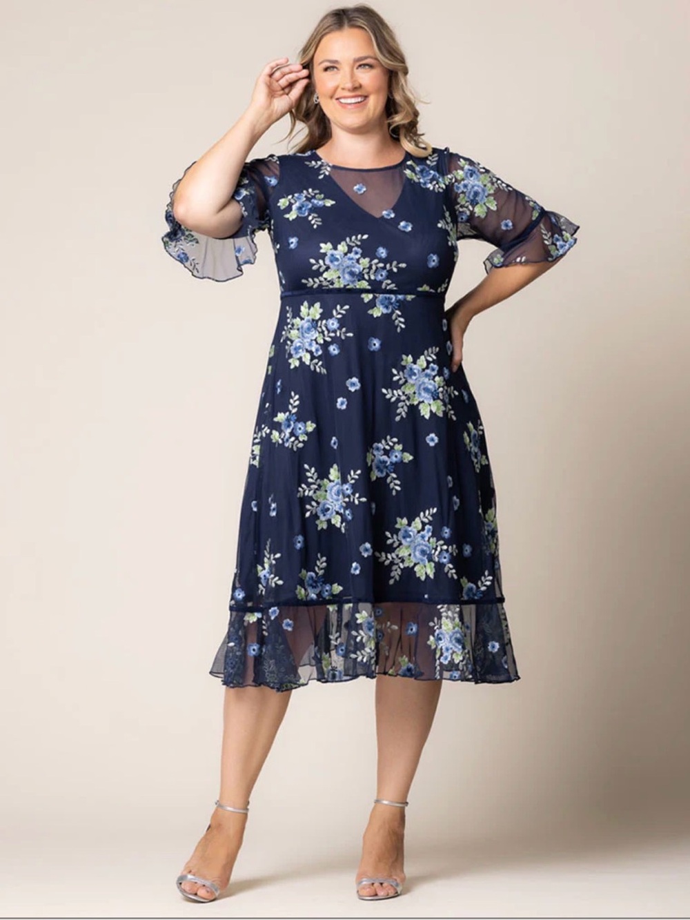 Navy Floral Mesh Midi Dress - Elegant Sheer Sleeve Fit EUC